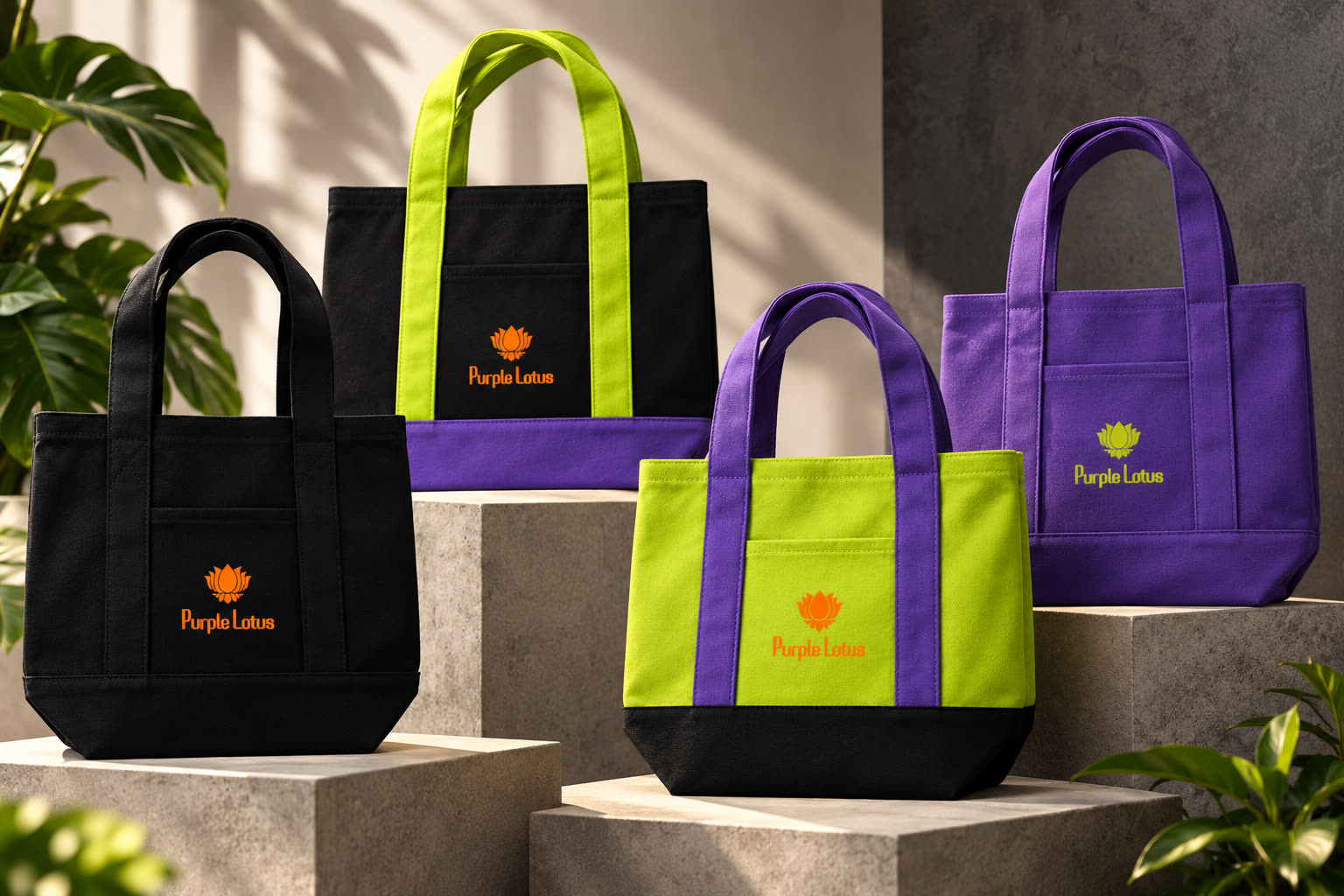 The four Halloween Lotus totes — Black, Nightshade, Toxic and Violet — styled on stone plinths